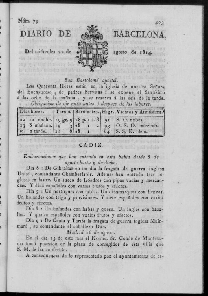 Miniatura de Diario de Barcelona del lunes 22 de agosto de 1814