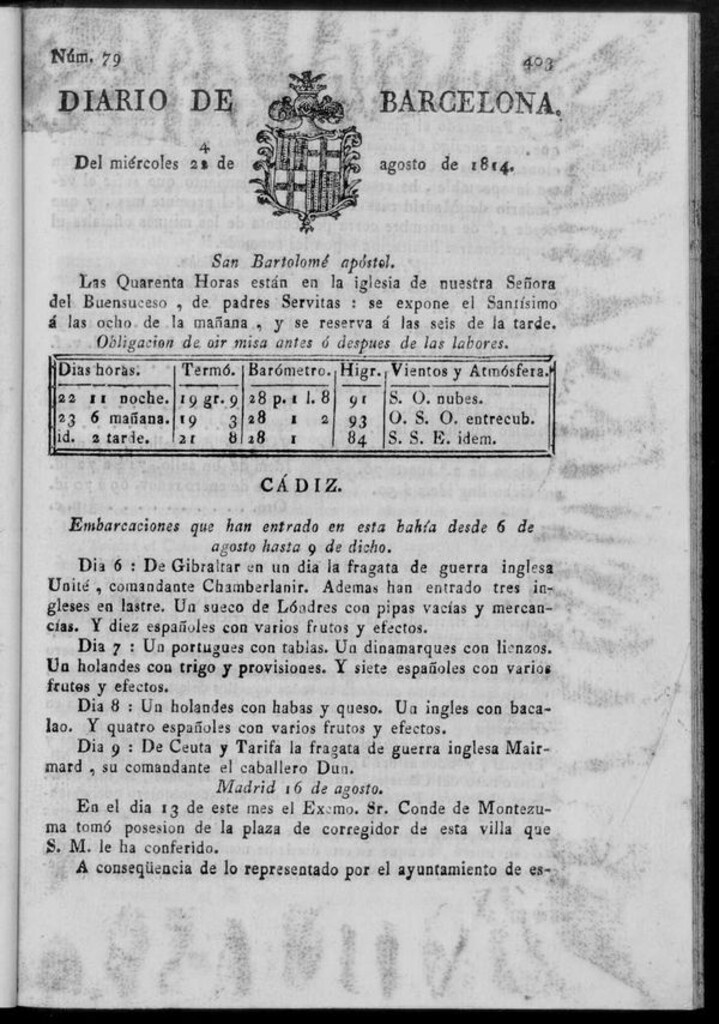 Miniatura de Diario de Barcelona del miércoles 24 de agosto de 1814