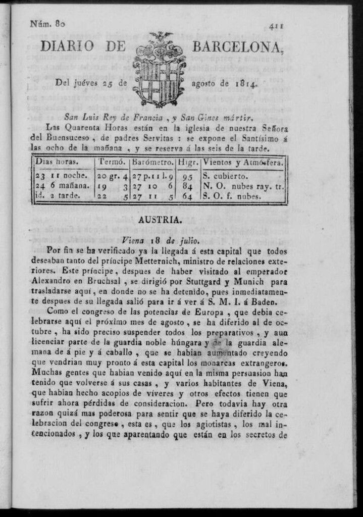 Miniatura de Diario de Barcelona del jueves 25 de agosto de 1814