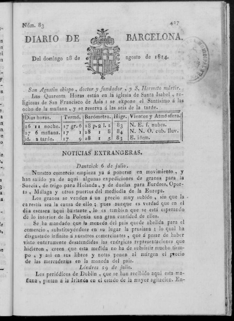 Miniatura de Diario de Barcelona del domingo 28 de agosto de 1814