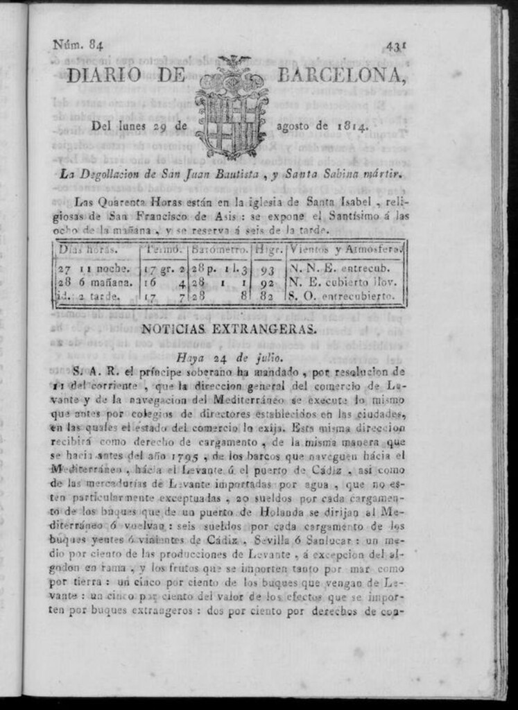 Miniatura de Diario de Barcelona del lunes 29 de agosto de 1814