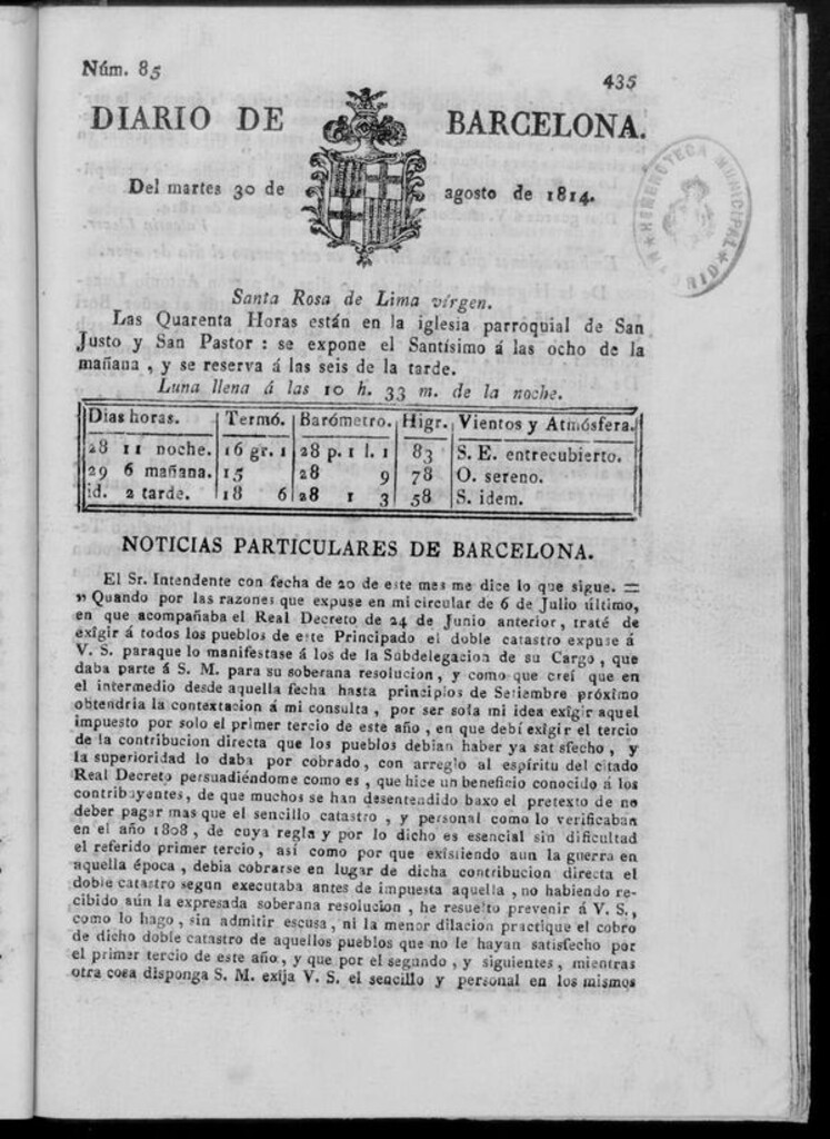 Miniatura de Diario de Barcelona del martes 30 de agosto de 1814