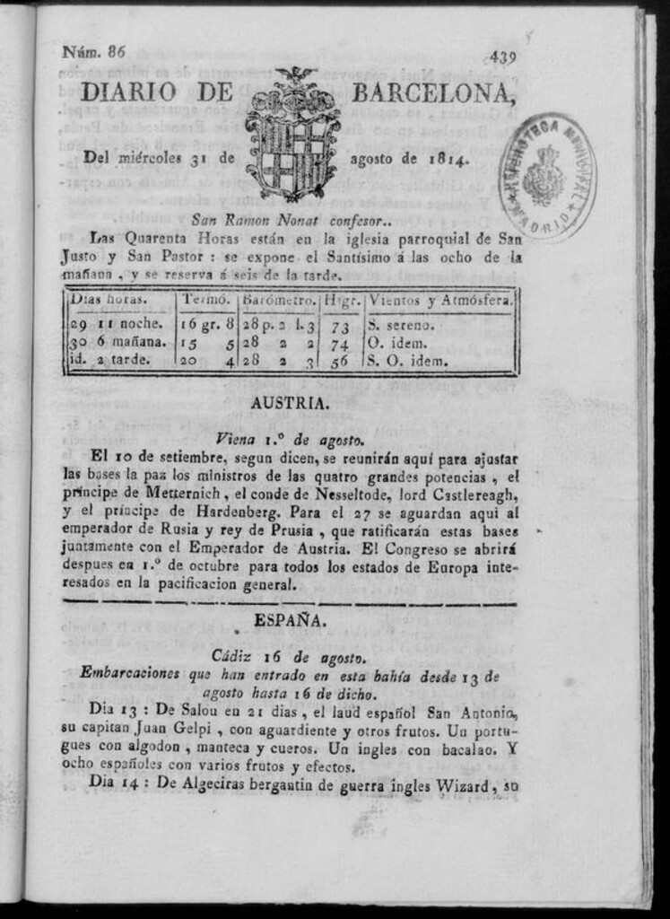 Miniatura de Diario de Barcelona del miércoles 31 de agosto de 1814