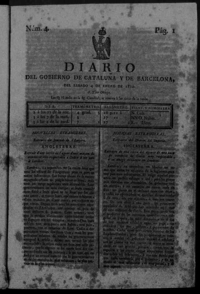 Miniatura de Diario de Barcelona del sábado 4 de enero de 1812