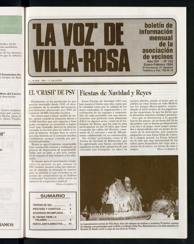 Miniatura de La Voz de Villa-Rosa: boletín informativo mensual de la asociación de vecinos, nº 103 de enero-febrero de 1994