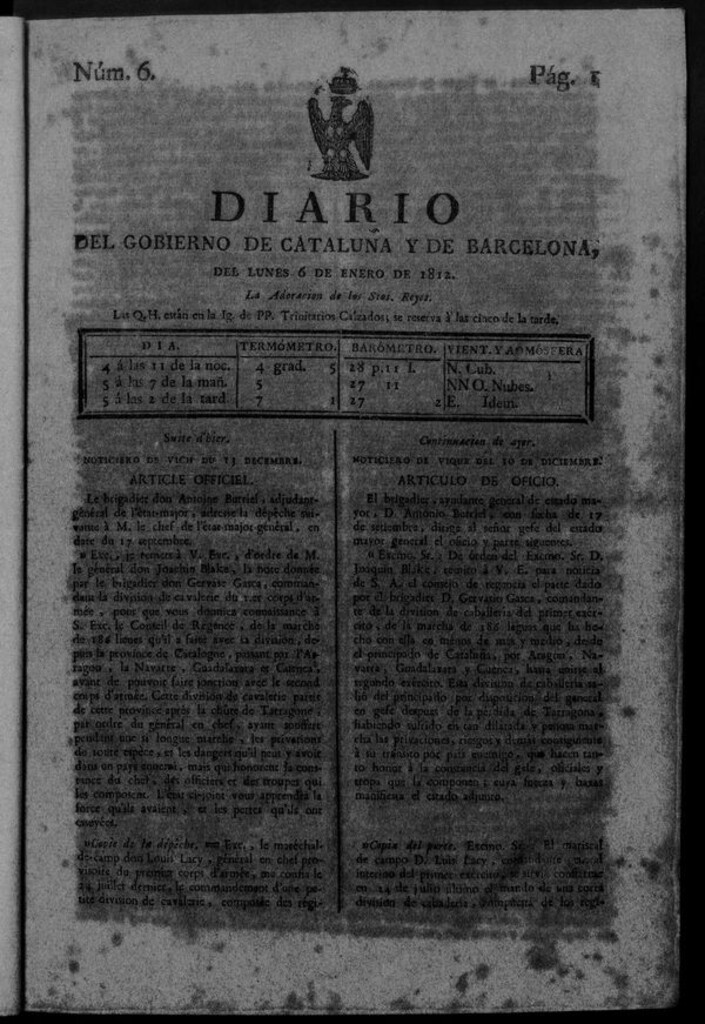 Miniatura de Diario de Barcelona del lunes 6 de enero de 1812