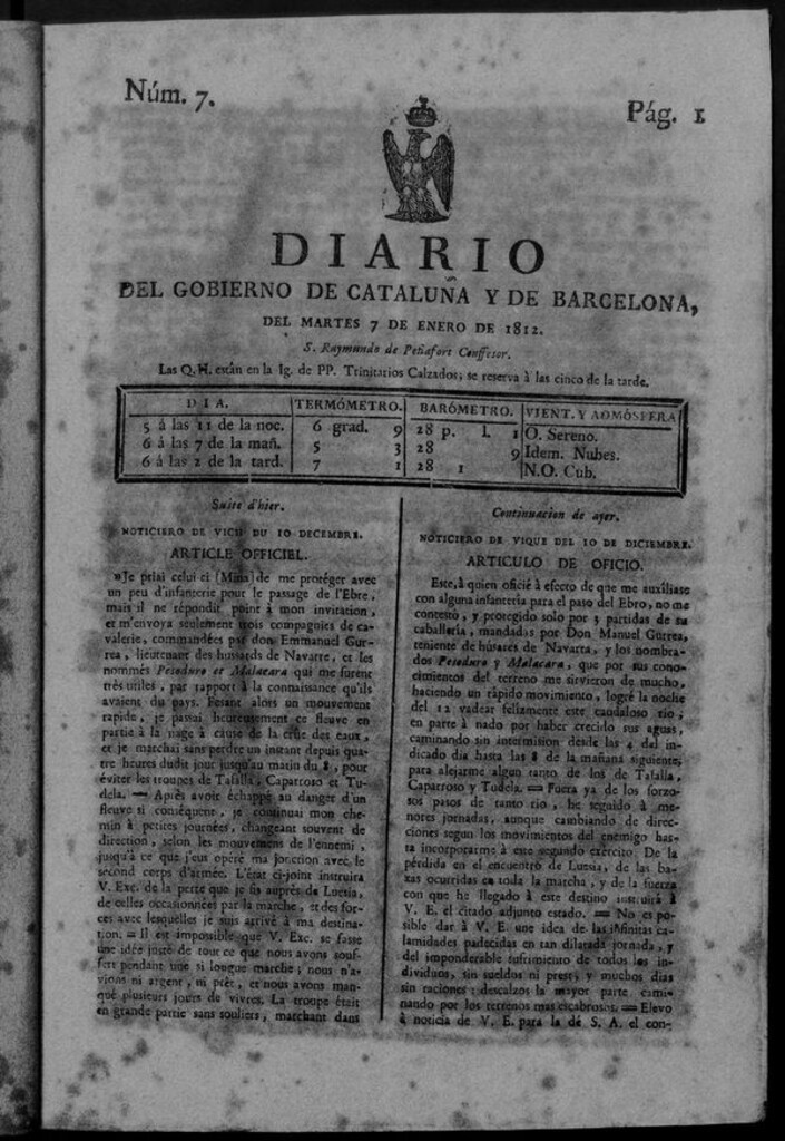 Miniatura de Diario de Barcelona del martes 7 de enero de 1812