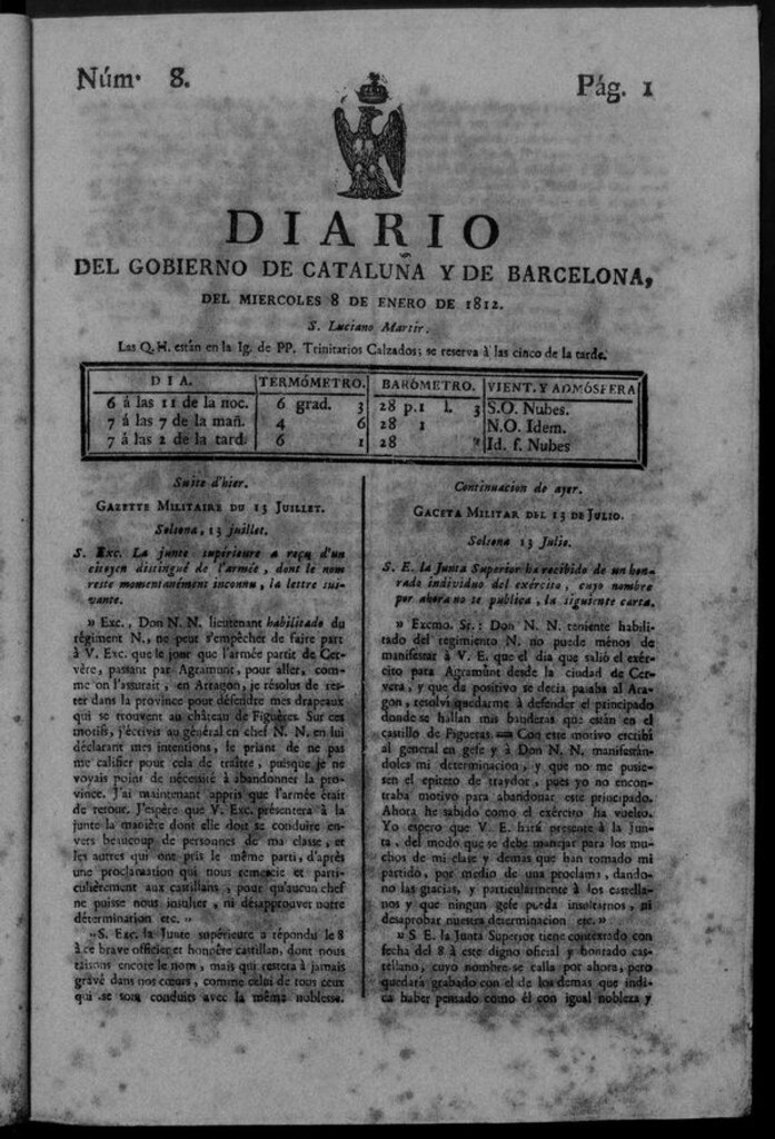 Miniatura de Diario de Barcelona del miércoles 8 de enero de 1812