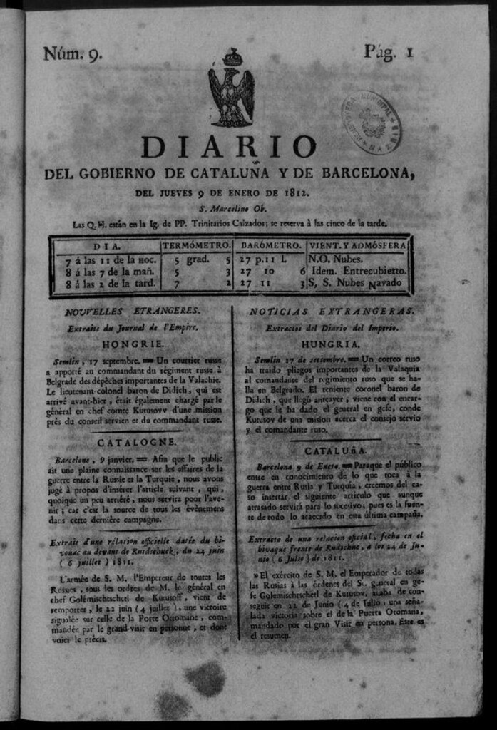 Miniatura de Diario de Barcelona del jueves 9 de enero de 1812