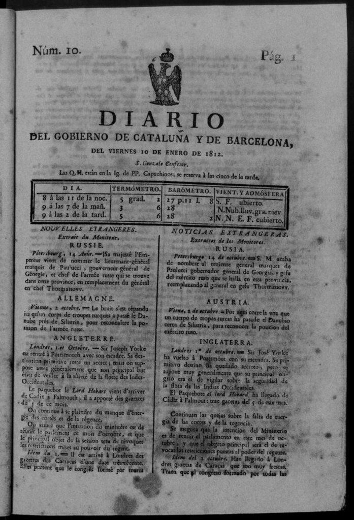 Miniatura de Diario de Barcelona del viernes 10 de enero de 1812