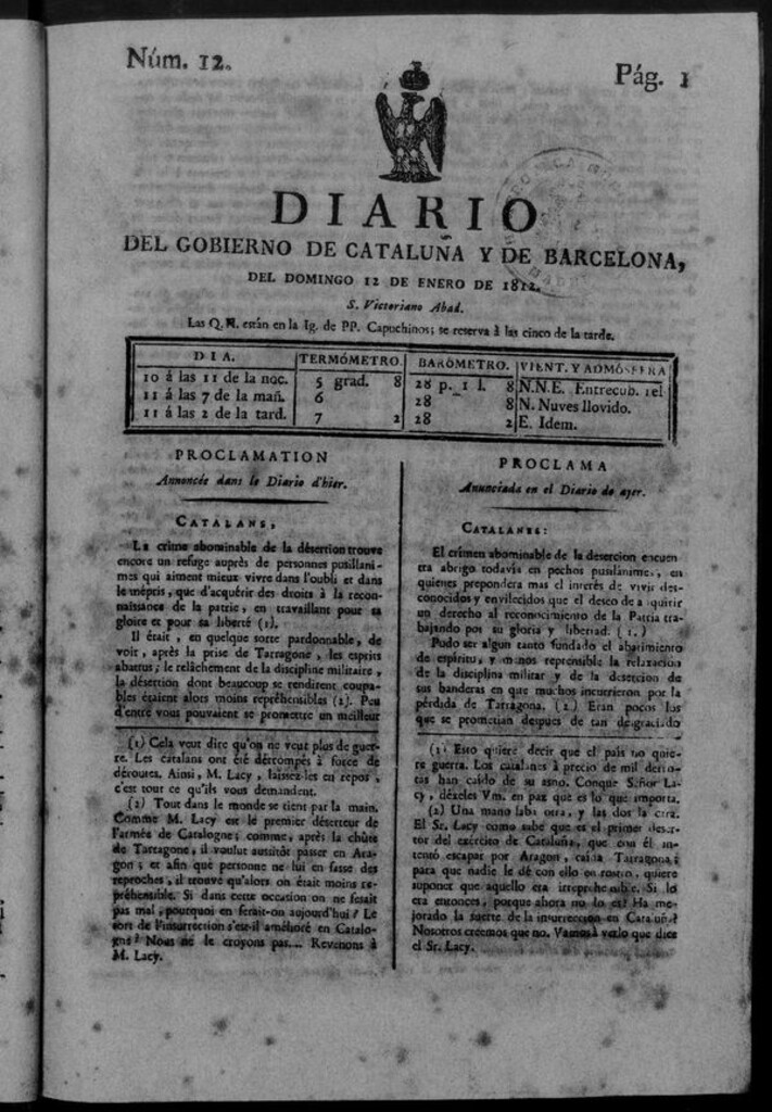 Miniatura de Diario de Barcelona del domingo 12 de enero de 1812