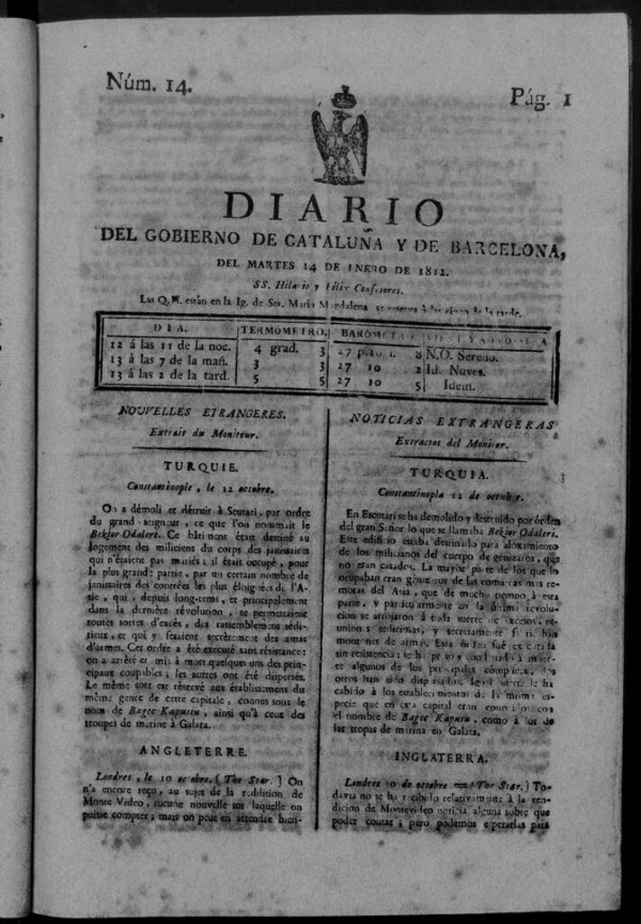 Miniatura de Diario de Barcelona del martes 14 de enero de 1812