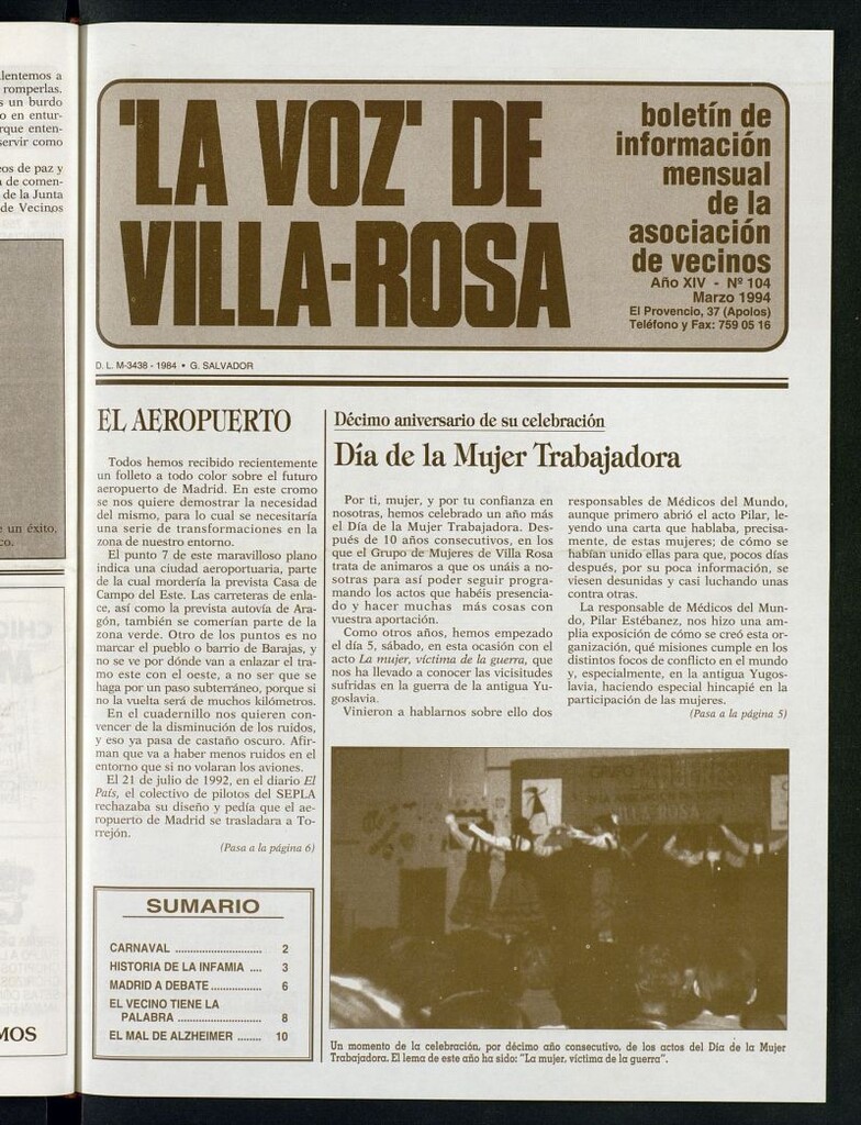 Miniatura de La Voz de Villa-Rosa: boletín informativo mensual de la asociación de vecinos, nº 104 de marzo de 1994
