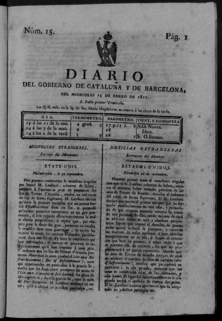 Miniatura de Diario de Barcelona del miércoles 15 de enero de 1812