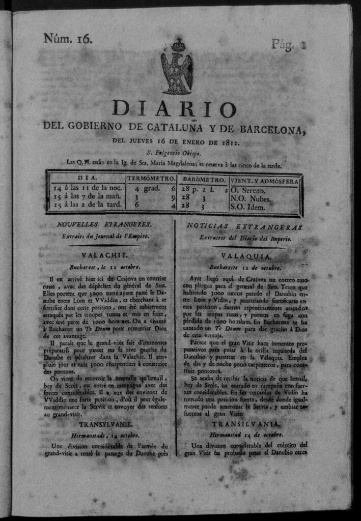 Miniatura de Diario de Barcelona del jueves 16 de enero de 1812