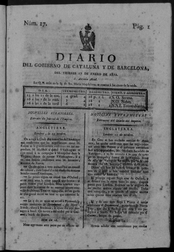 Miniatura de Diario de Barcelona del viernes 17 de enero de 1812