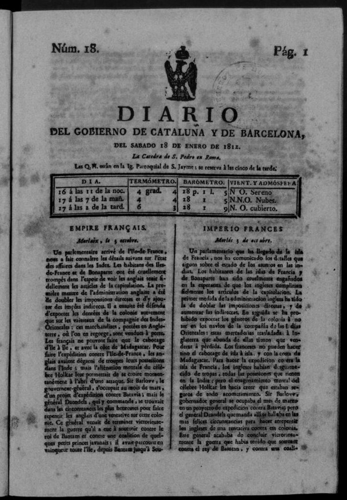 Miniatura de Diario de Barcelona del sábado 18 de enero de 1812