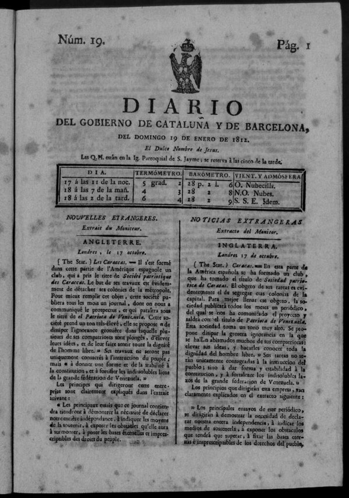 Miniatura de Diario de Barcelona del domingo 19 de enero de 1812