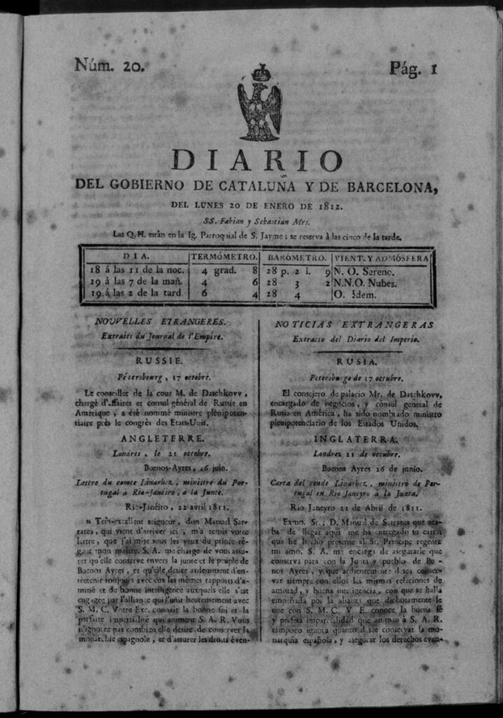 Miniatura de Diario de Barcelona del lunes 20 de enero de 1812