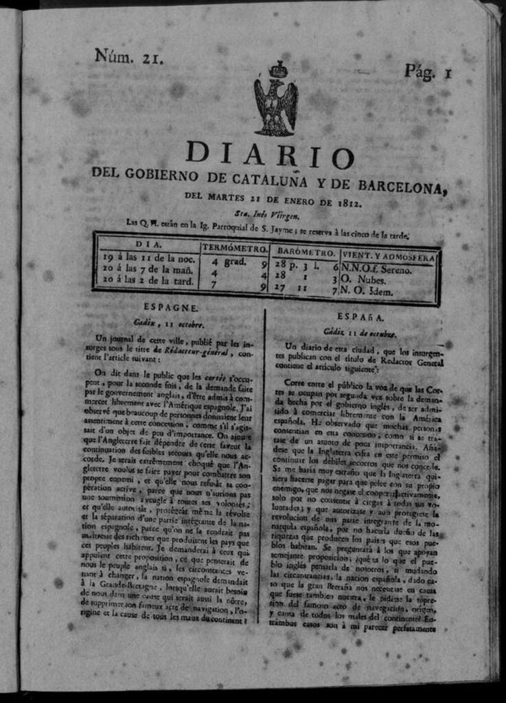 Miniatura de Diario de Barcelona del martes 21 de enero de 1812