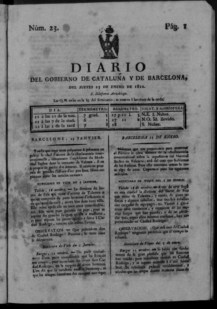 Miniatura de Diario de Barcelona del jueves 23 de enero de 1812