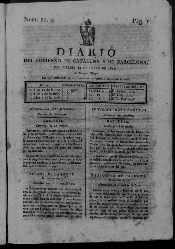 Miniatura de Diario de Barcelona del viernes 24 de enero de 1812