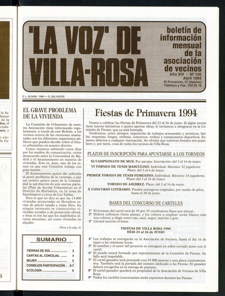 Miniatura de La Voz de Villa-Rosa: boletín informativo mensual de la asociación de vecinos, nº 105 de abril de 1994
