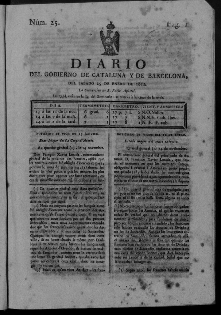 Miniatura de Diario de Barcelona del sábado 25 de enero de 1812