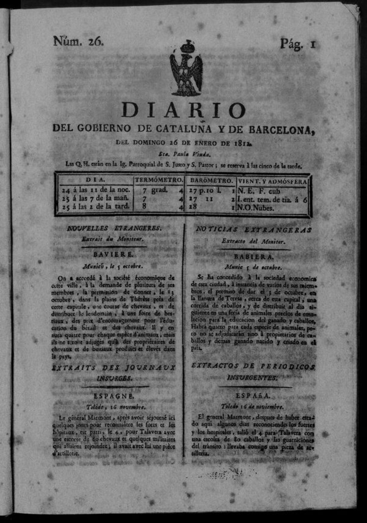 Miniatura de Diario de Barcelona del domingo 26 de enero de 1812