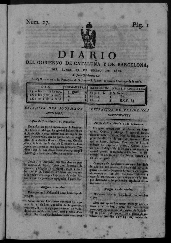 Miniatura de Diario de Barcelona del lunes 27 de enero de 1812
