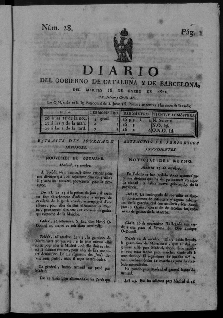 Miniatura de Diario de Barcelona del martes 28 de enero de 1812