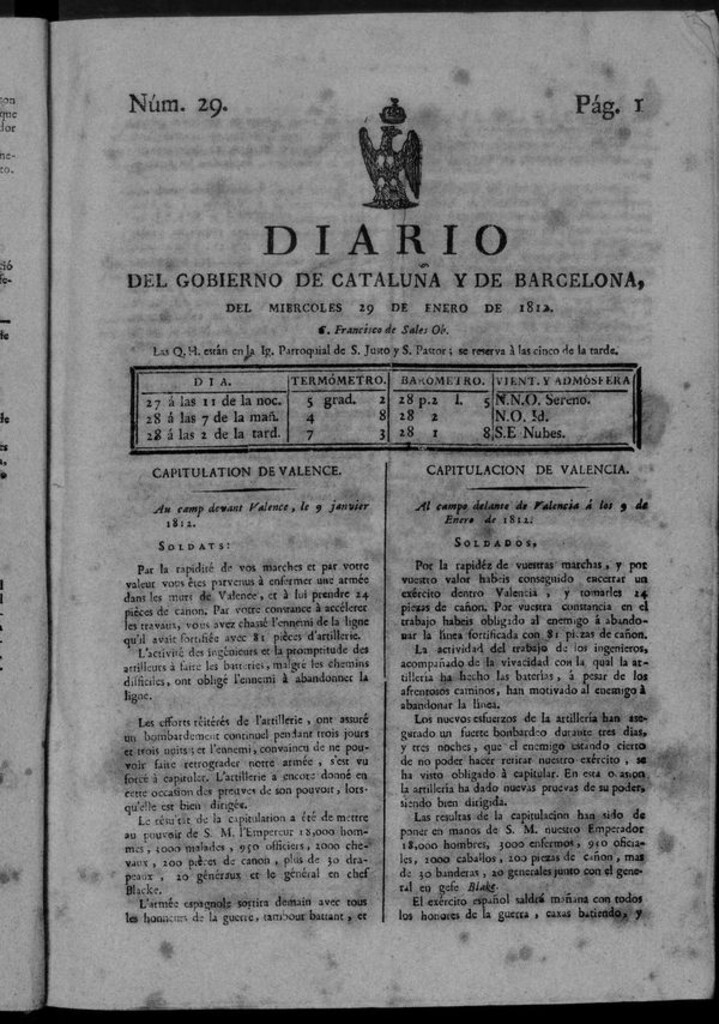 Miniatura de Diario de Barcelona del miércoles 29 de enero de 1812