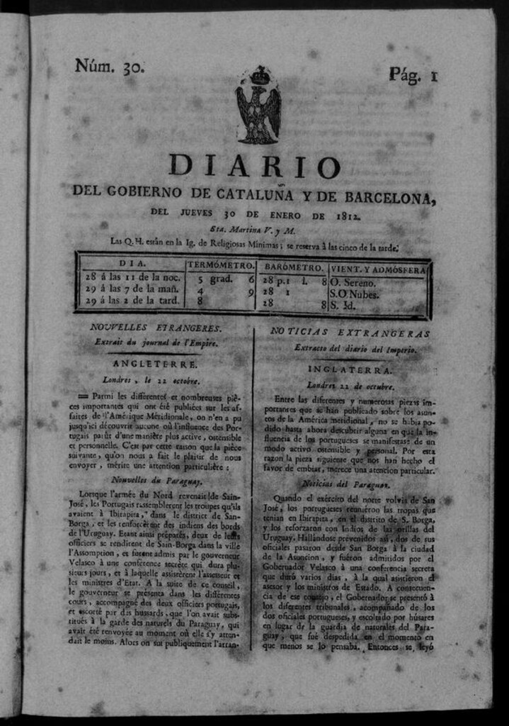 Miniatura de Diario de Barcelona del jueves 30 de enero de 1812