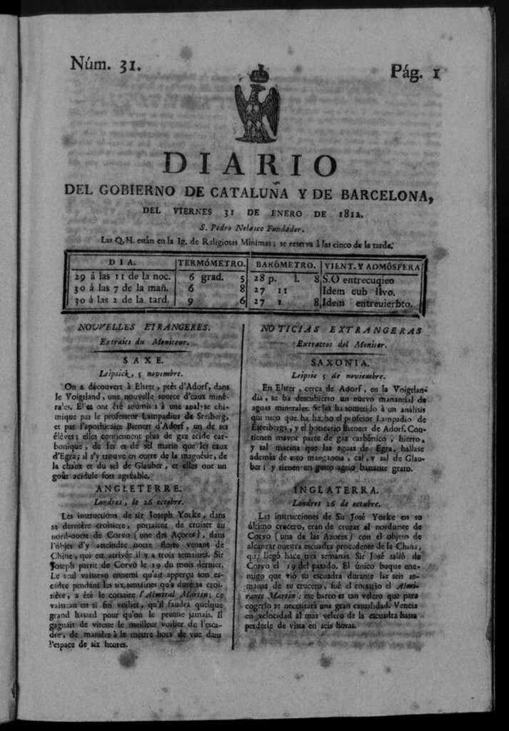 Miniatura de Diario de Barcelona del viernes 31 de enero de 1812