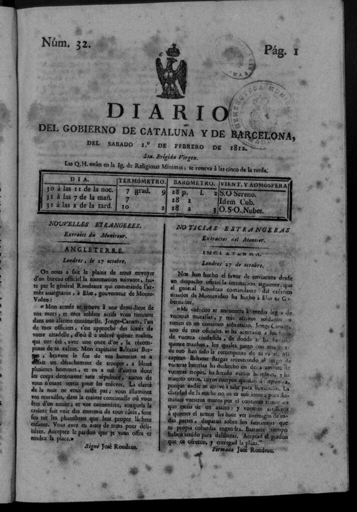 Miniatura de Diario de Barcelona del sábado 1 de febrero de 1812