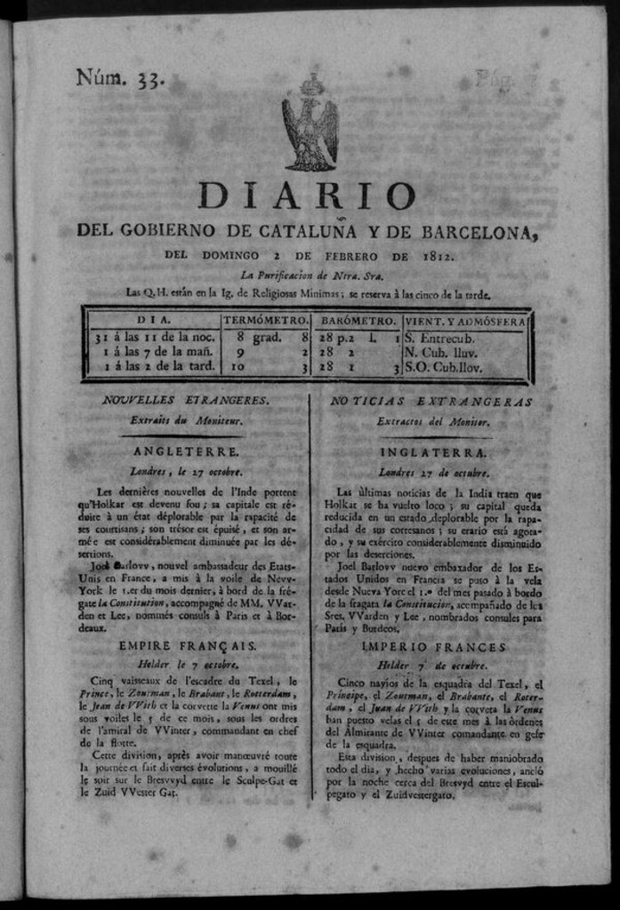 Miniatura de Diario de Barcelona del domingo 2 de febrero de 1812