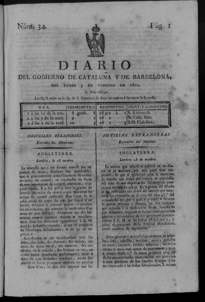 Miniatura de Diario de Barcelona del lunes 3 de febrero de 1812