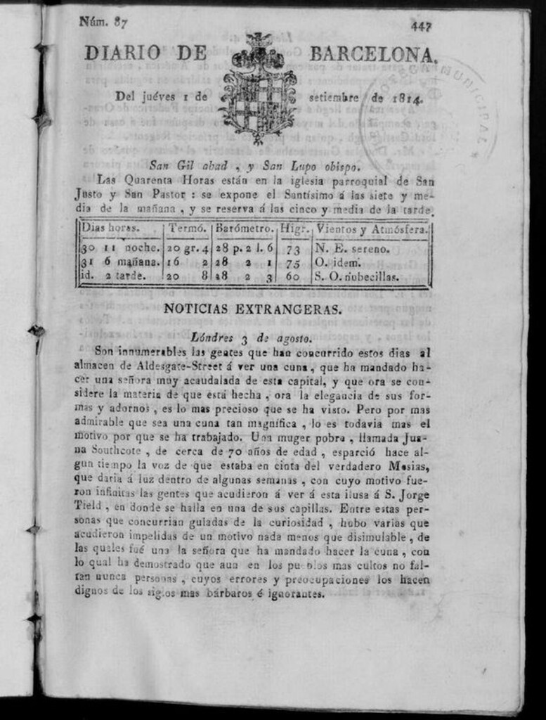Miniatura de Diario de Barcelona del jueves 1 de septiembre de 1814
