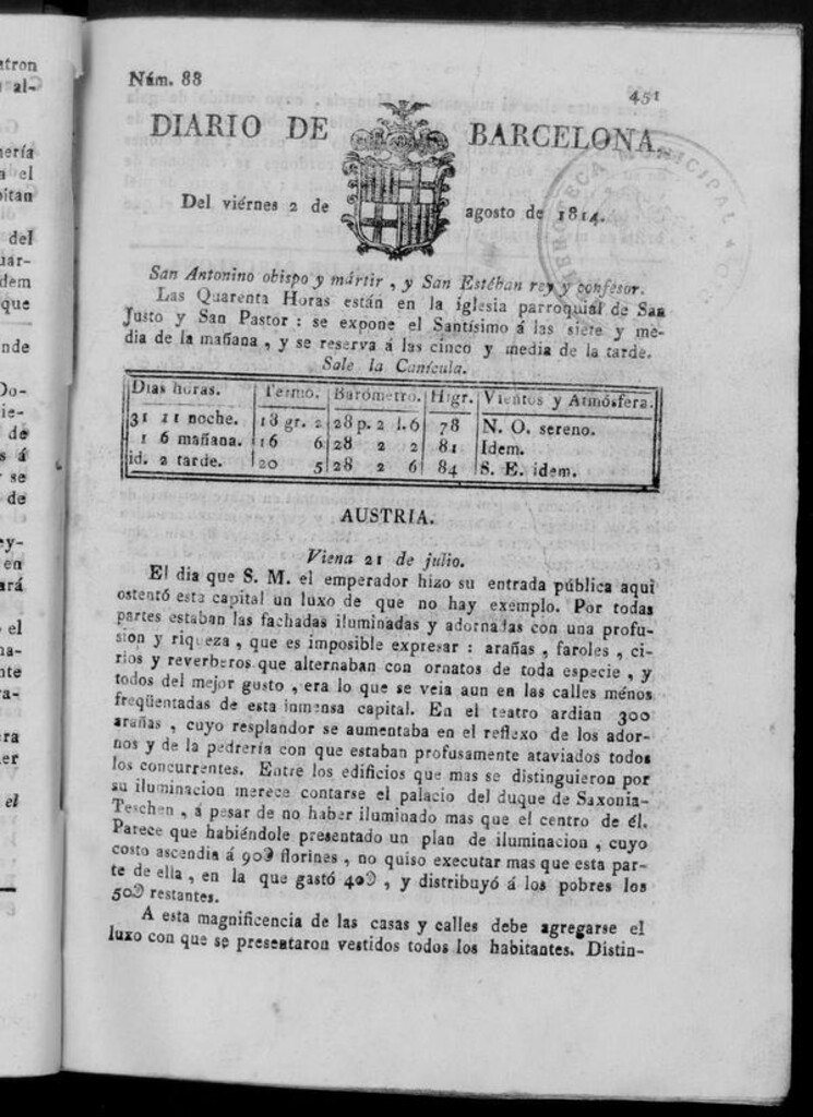 Miniatura de Diario de Barcelona del viernes 2 de septiembre de 1814