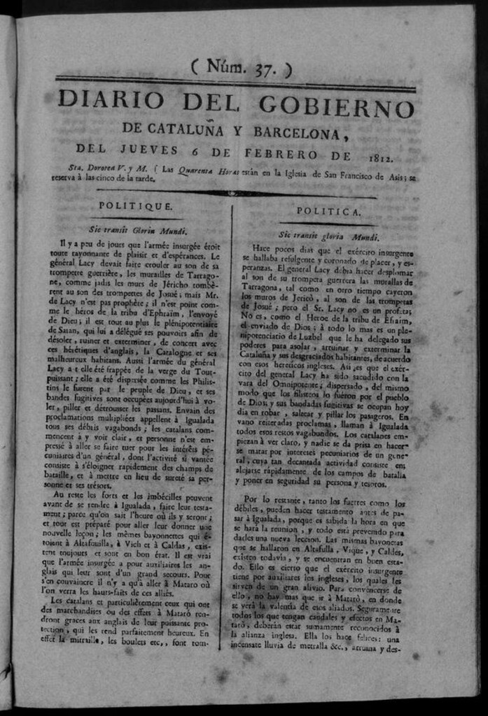 Miniatura de Diario de Barcelona del jueves 6 de febrero de 1812