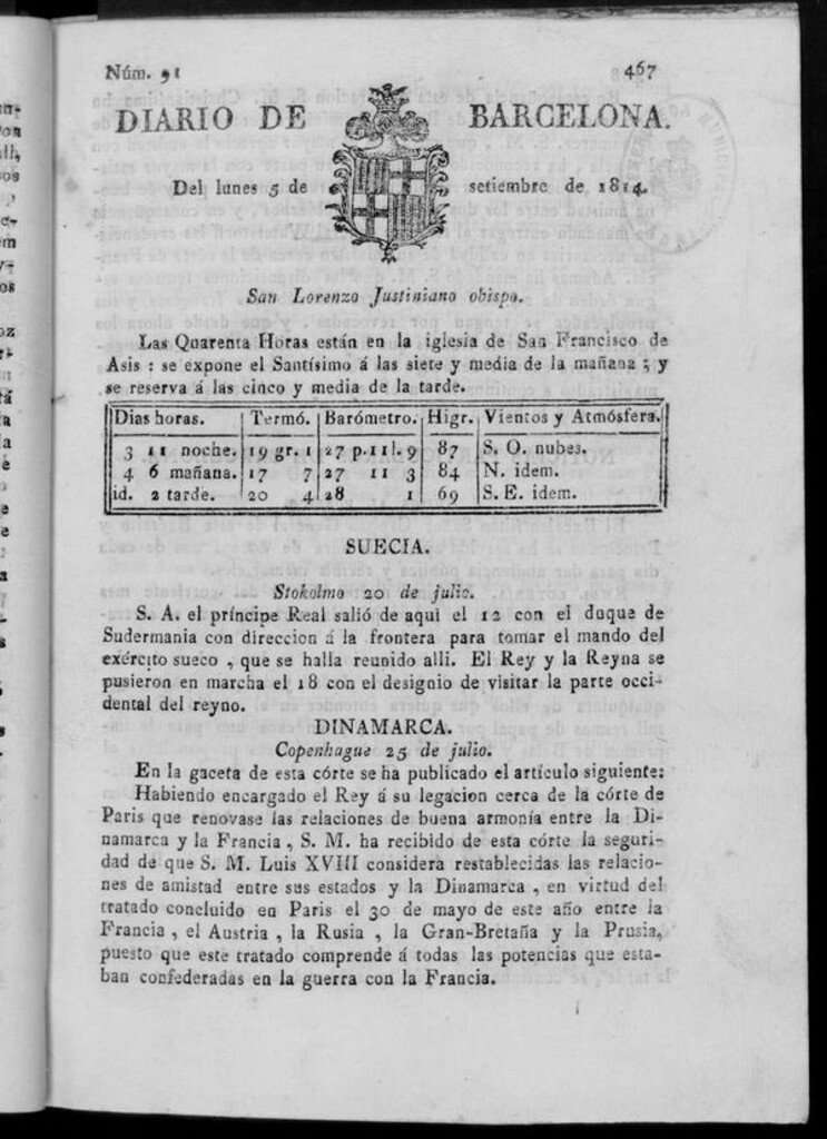 Miniatura de Diario de Barcelona del lunes 5 de septiembre de 1814