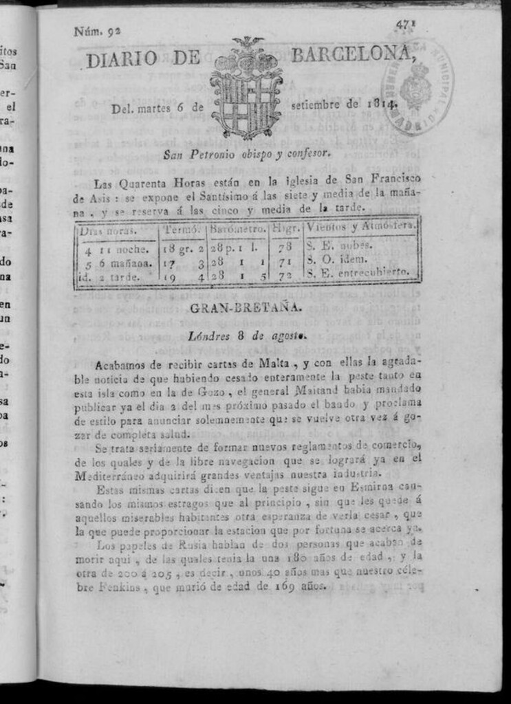 Miniatura de Diario de Barcelona del martes 6 de septiembre de 1814