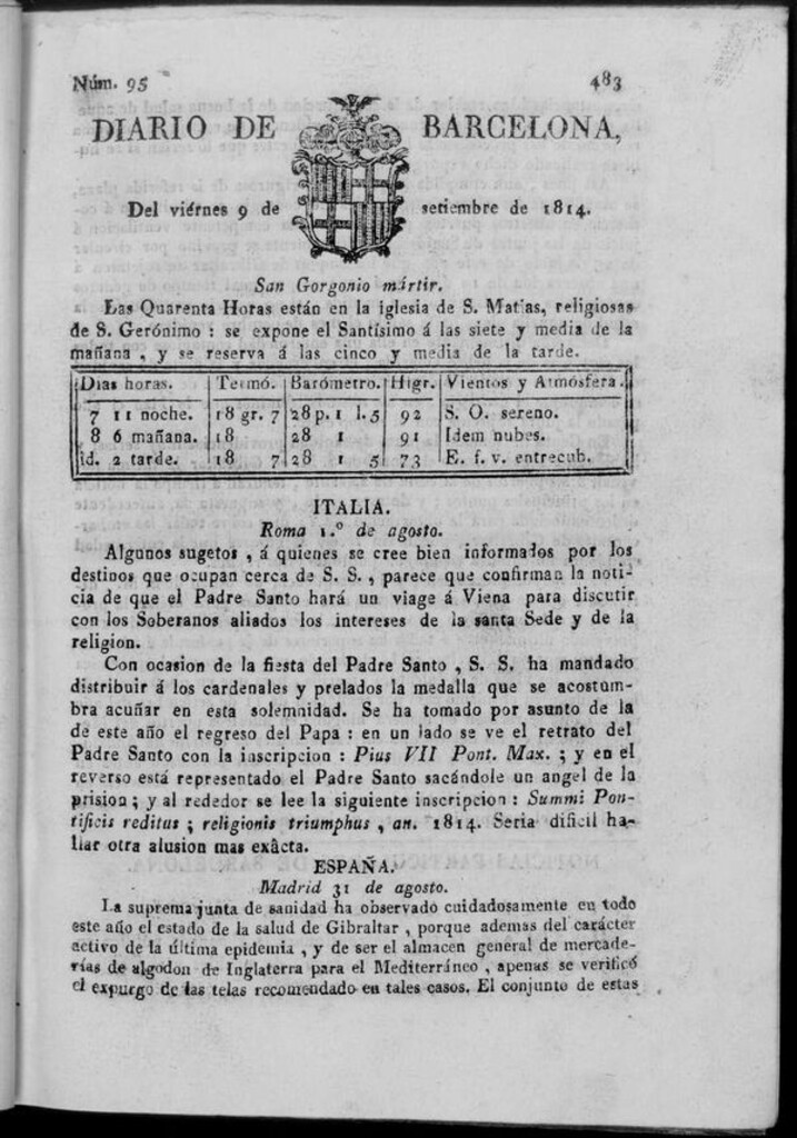 Miniatura de Diario de Barcelona del viernes 9 de septiembre de 1814