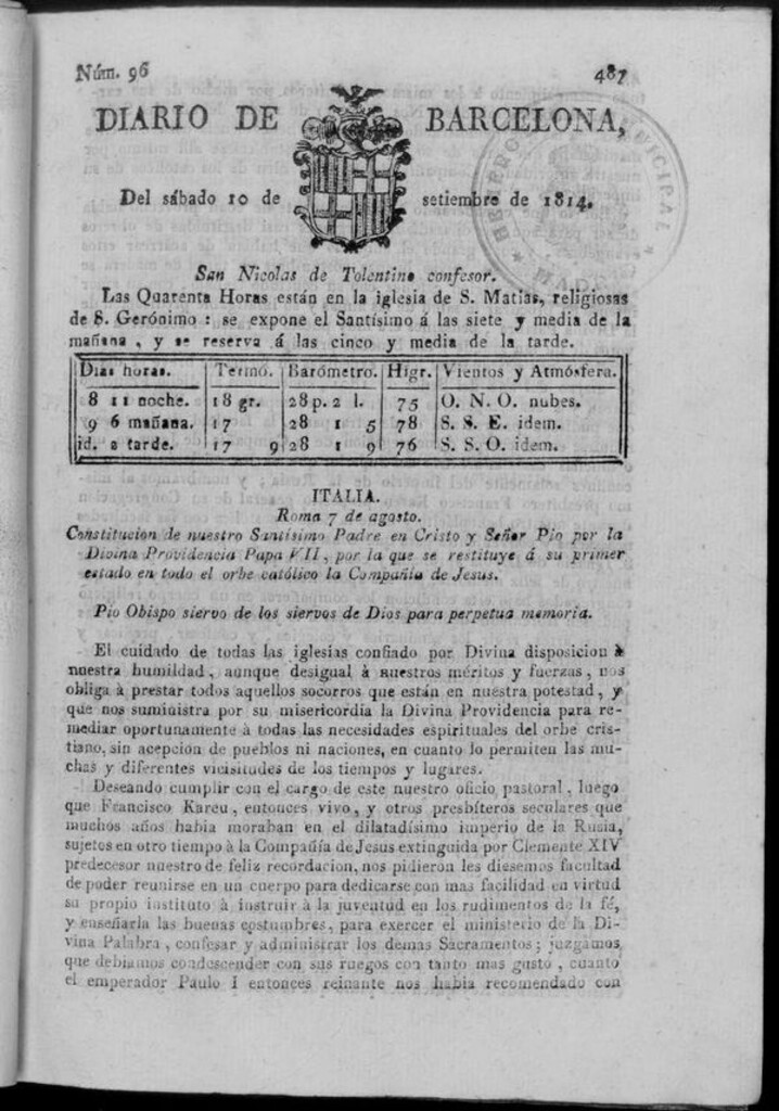 Miniatura de Diario de Barcelona del sábado 10 de septiembre de 1814