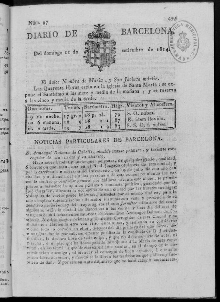 Miniatura de Diario de Barcelona del domingo 11 de septiembre de 1814