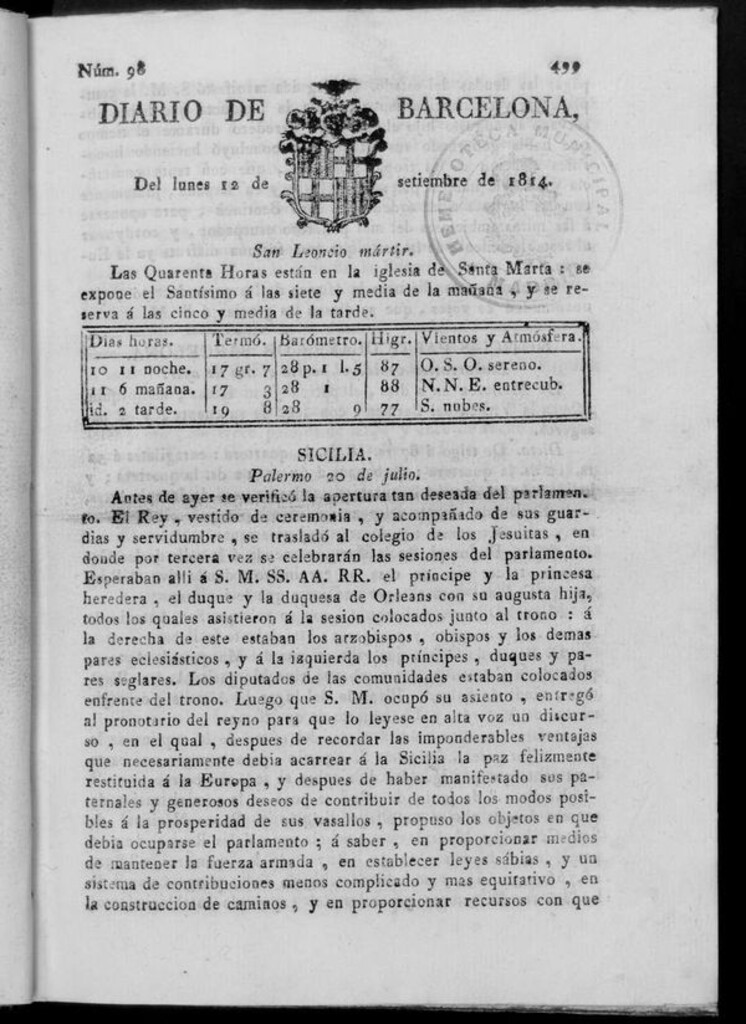 Miniatura de Diario de Barcelona del lunes 12 de septiembre de 1814