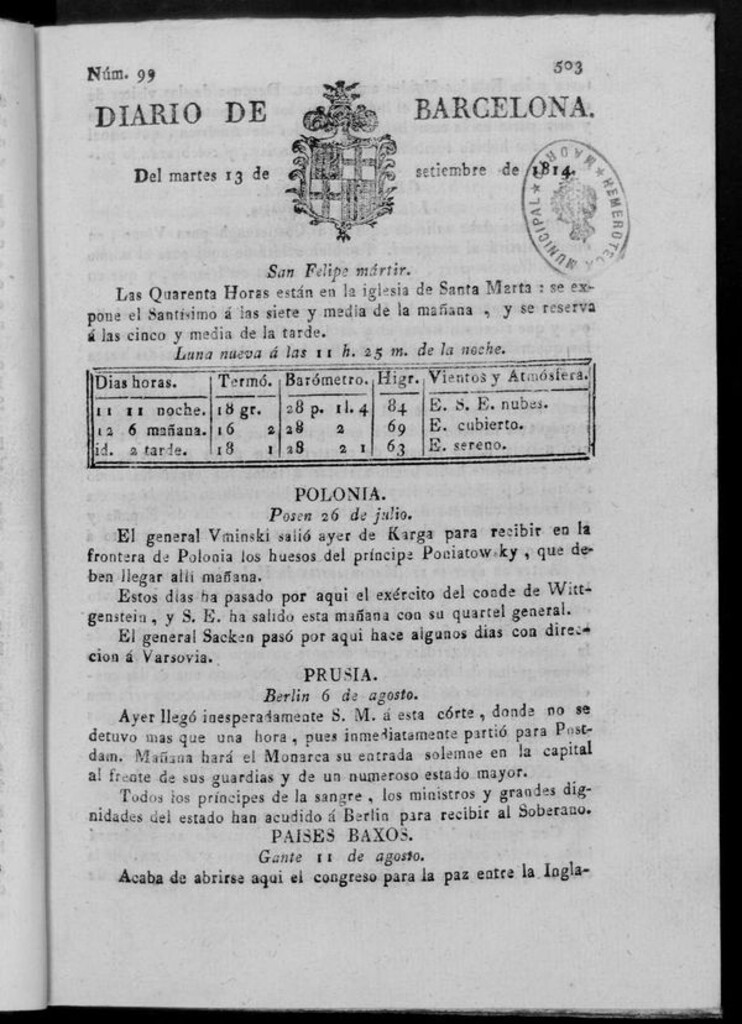 Miniatura de Diario de Barcelona del martes 13 de septiembre de 1814