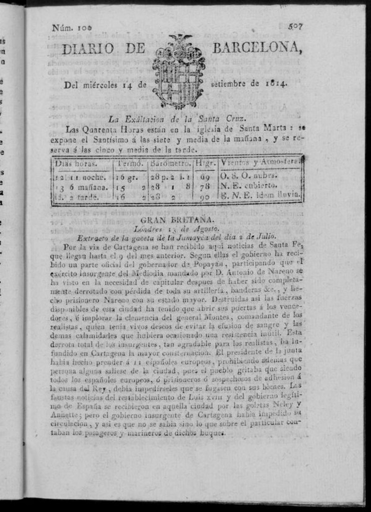 Miniatura de Diario de Barcelona del miércoles 14 de septiembre de 1814