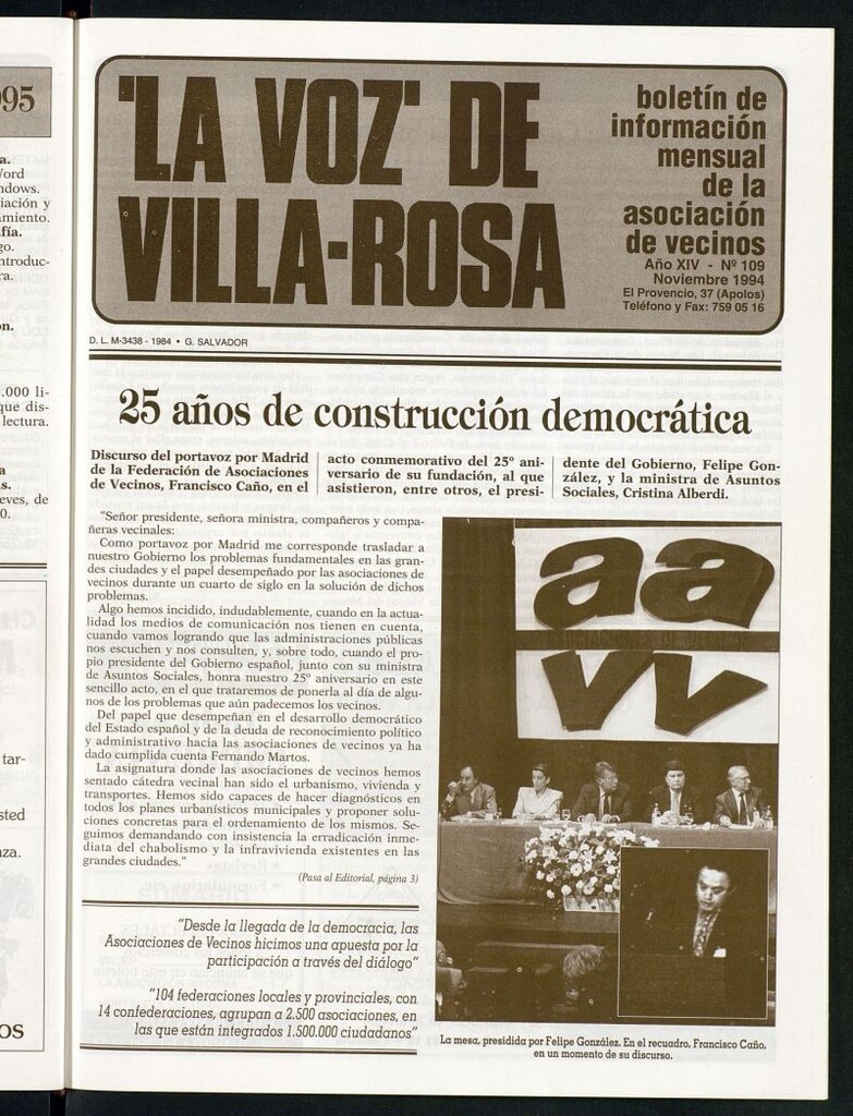 Miniatura de La Voz de Villa-Rosa: boletín informativo mensual de la asociación de vecinos, nº 109 de noviembre de 1994