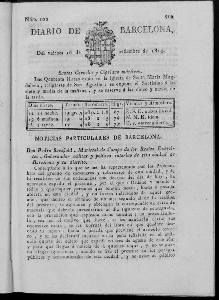 Miniatura de Diario de Barcelona del viernes 16 de septiembre de 1814
